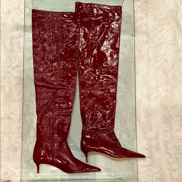 ZARA PATENT LEATHER OVER THE KNEE MINI HEEL POINTED‎ TOE BOOT womens 8 - Picture 1 of 4